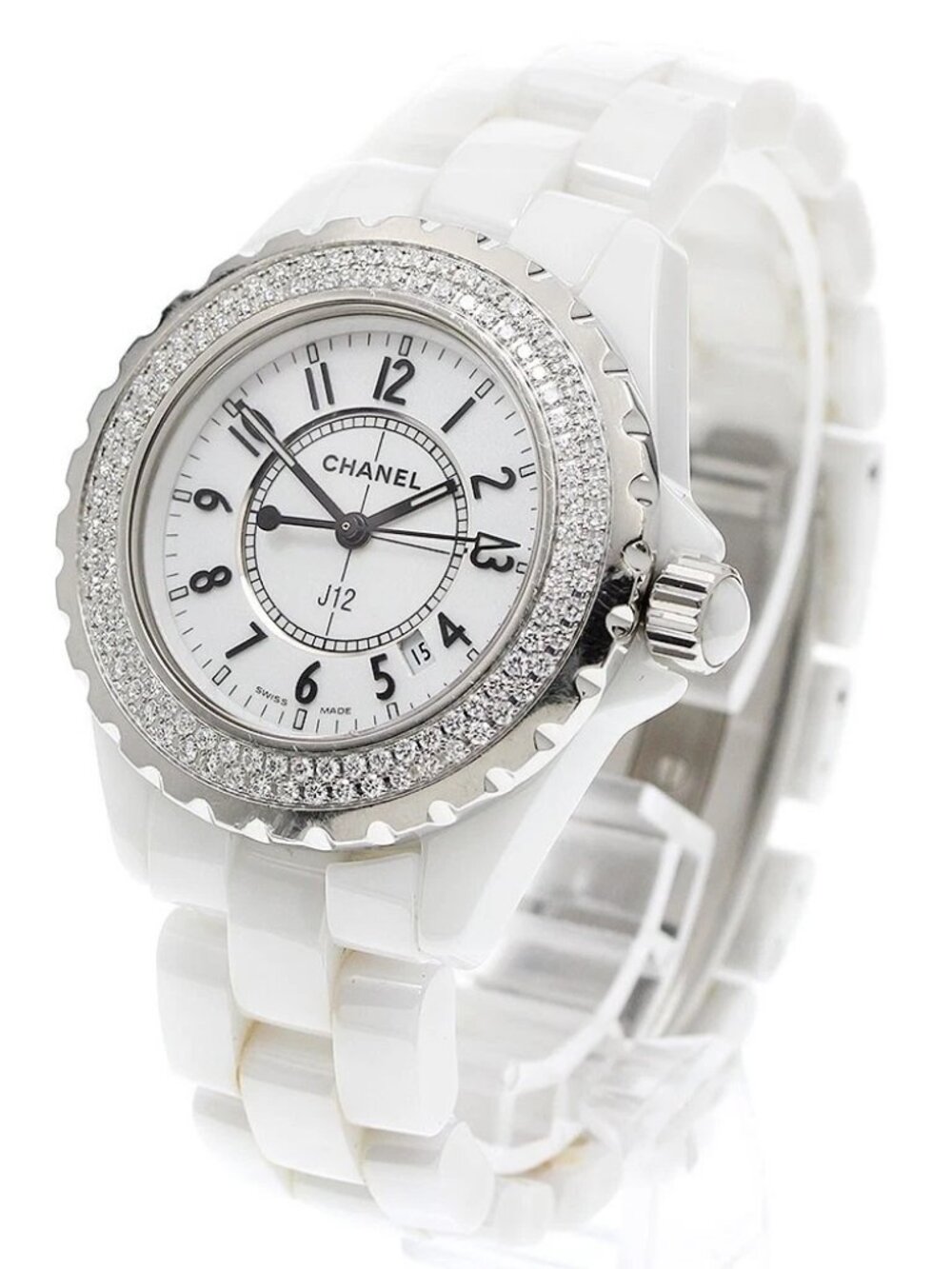 CHANEL J12 H0967 Diamond Bezel White Ceramic Date Quartz Ladies Watch_912298